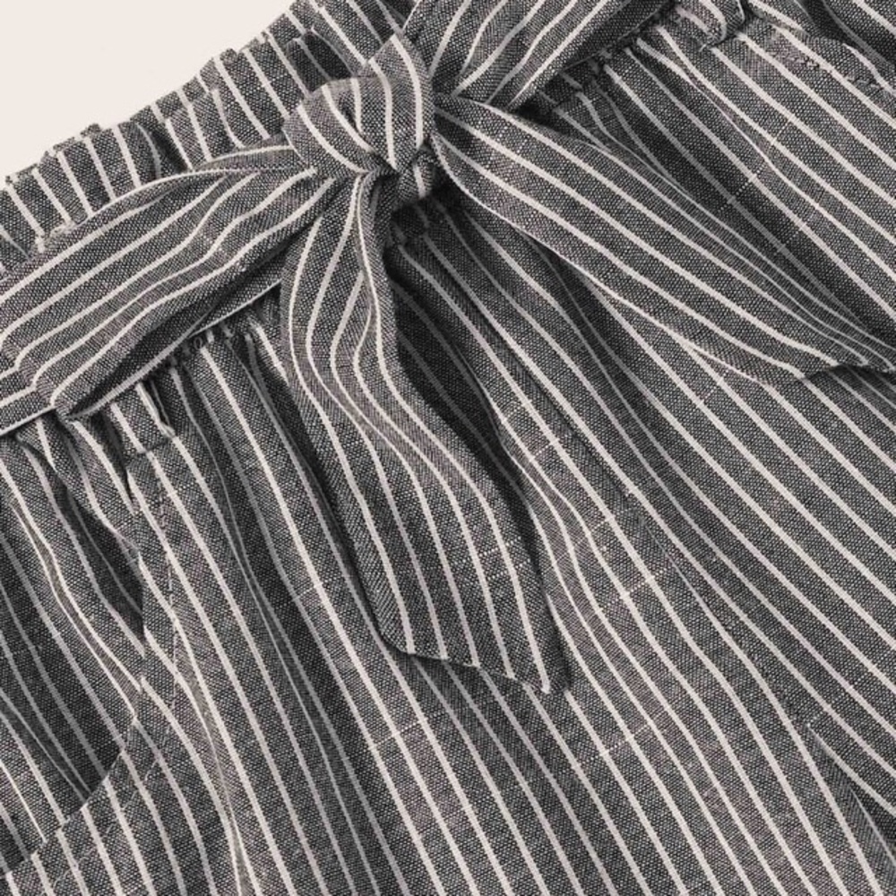 Striped Self Tie Paper Bag Boho Shorts Gray White - Picture 3 of 8